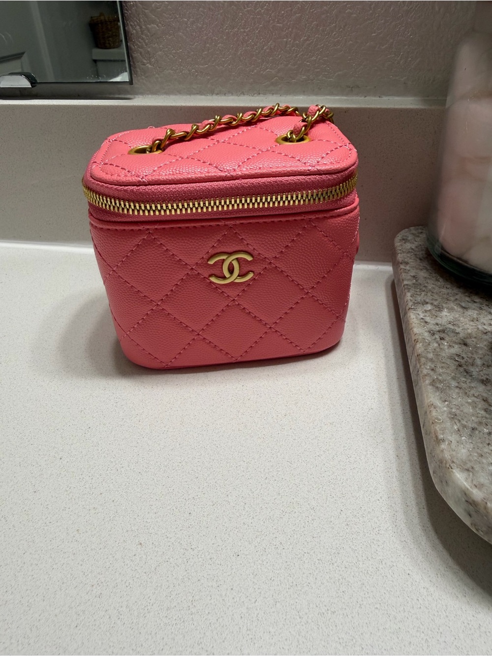 CHANEL Quilted Cosmetic Vanity Case in Coral Pink with Gold Hardware